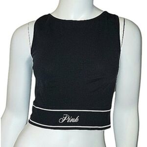 PINK Victoria's Secret Black Seamless High-Neck Logo Crop Top Knit Bralette